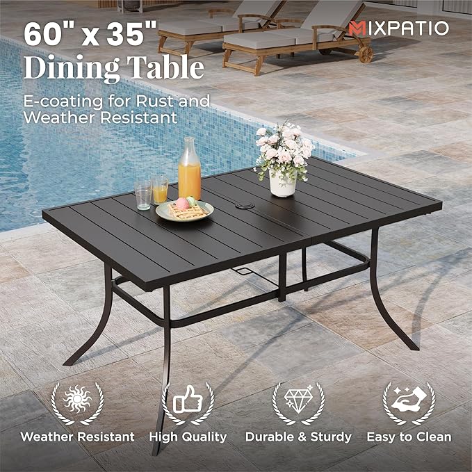 Patio Dining Set 7 Piece Outdoor Furniture Set with Metal Patio Dining Table with Umbrella Hole for Deck Garden Backyard Lawn, Red