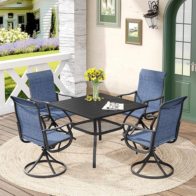 DIFY 5 Pieces Outdoor Patio Dining Set for 4, 37.8" Black Metal Square Dining Table and 4 Blue Textilene Patio Swivel Chairs, Outdoor Table and Chairs