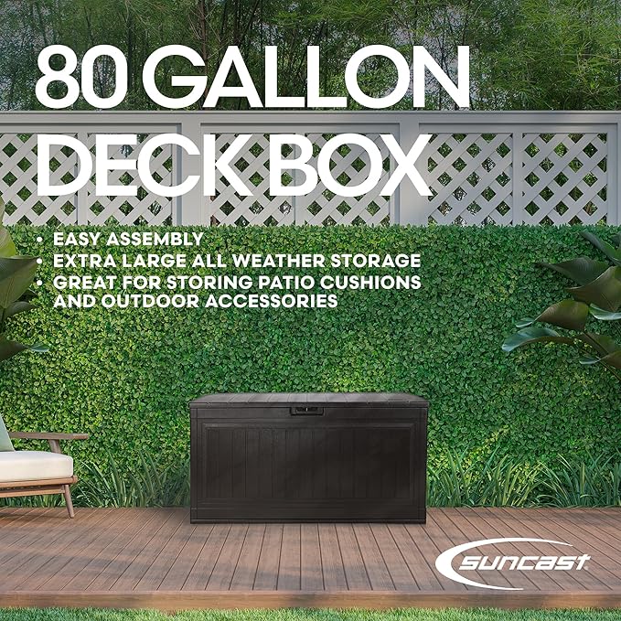 Suncast 80-Gal. Waterproof Resin Large Outdoor Patio Deck Box with Pad-Lockable Lid, Modern Outdoor Patio Bench/Storage Box for Cushions, Garden Tools, and More, Java