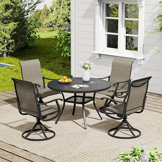 VICLLAX 5 Pieces Outdoor Dining Set, Patio Furniture Set of 4 Patio Swivel Dining Chairs and 41" Patio Round Table with Storage Shelf, Mixed Brown Chairs & Black Tabletop