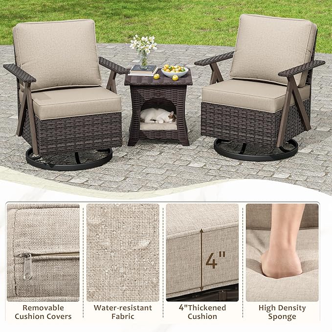 Outdoor Swivel Rocker Chairs, 3 Pieces Wicker Swivel Patio Chair with Rattan Side Table, Patio Furniture Set for Outside Porch Deck