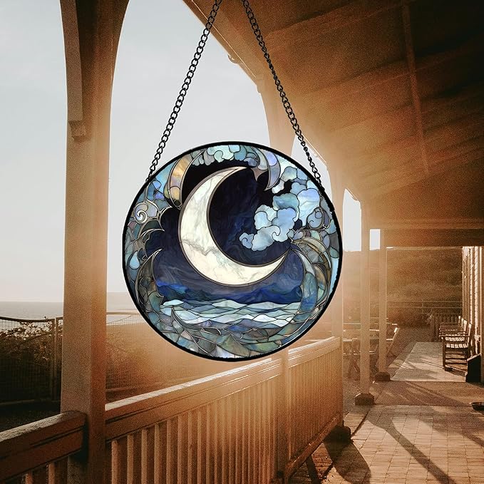 Stained Glass Window Hanging - Abstract Sea of Clouds Moon Sun Catcher for Door Terrace Garden Home Decor, Gray Blue Suncatcher Birthday Gifts for Lovers Women Men Dad Mom Nana 11.8 in
