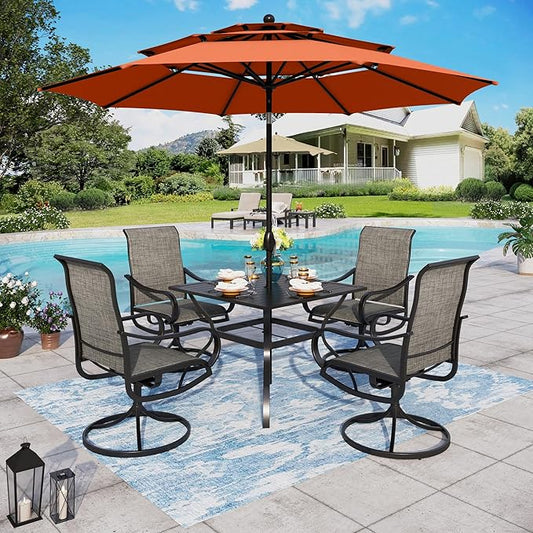 Sophia & William Patio Set with Umbrella 6 Pieces Outdoor Dining Set with 10ft 3 Tier Red Patio Umbrella Windproof, 4 x Swivel Patio Dining Chairs, Patio Table and Chairs for Garden Backyard