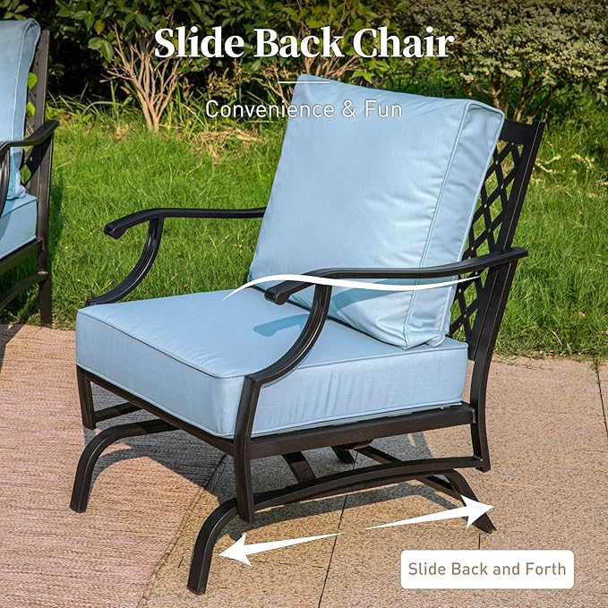 4 Piece Metal Outdoor Patio Furniture Set, Patio Conversation Set 1 3-seater Sofa, 2 Rocking Chair with 5.75" Extra Thick Cushion and Coffee Table, Black Frame Backyard Furniture, Blue