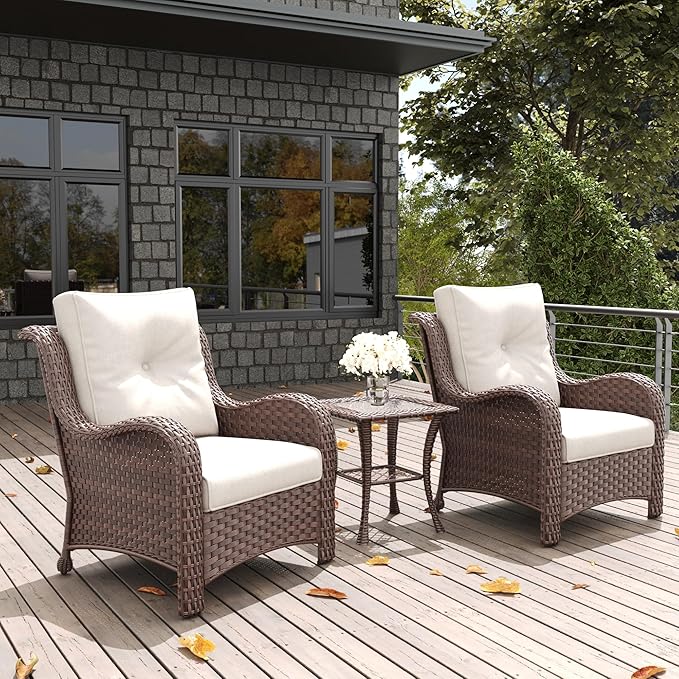 LayinSun 3 Pieces Outdoor Patio Furniture Set, Rattan Wicker Chairs Sets with Armchairs and Coffee Table