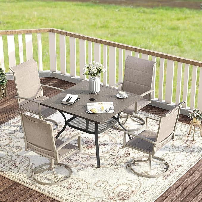 VICLLAX 5 Pieces Patio Dining Set, 4 Seats Outdoor Furniture Includes 37.8" Square Outdoor Table and 4 Swivel Patio Chairs, Grey Wood Grain Tabletop and Sandshell Fabric