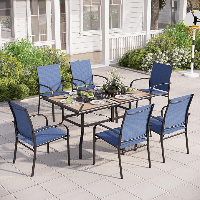 Outdoor Patio Dining Set 7 Piece Furniture Set with 6 Blue Textilene Chairs and Wood-Like Table Top Rectangular Table for Deck Garden Backyard Lawn Poolside