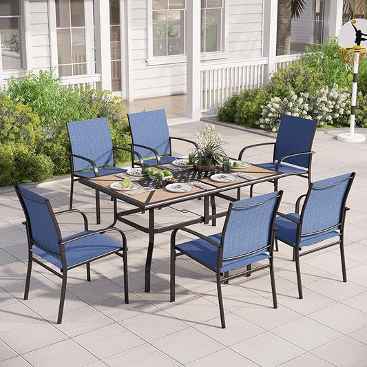Outdoor Patio Dining Set 7 Piece Furniture Set with 6 Blue Textilene Chairs and Wood-Like Table Top Rectangular Table for Deck Garden Backyard Lawn Poolside