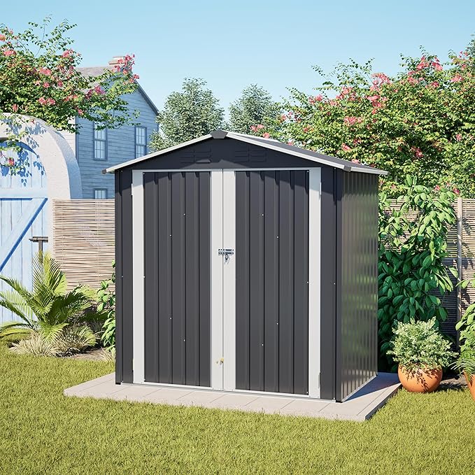 6x4 FT Shed Outdoor Storage Metal Large Garden Tool Sheds with Lockable Doors Slooping Roof Floor Frame Waterproof Steel Utility Equipment Shed for Backyard Patio Lawn Poolside, Grey