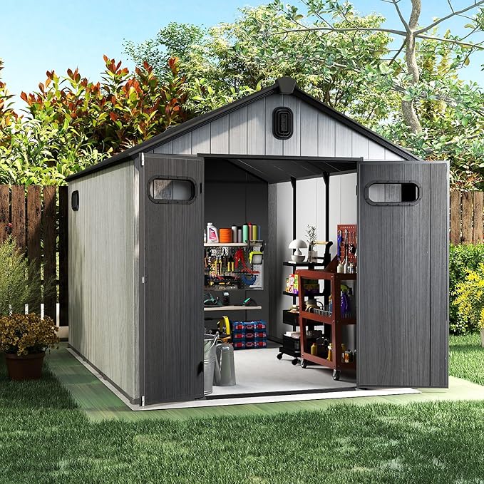 Domi 8×10ft Outdoor Resin Storage Shed - 482+ Cubic Ft Weatherproof Double-Wall Yard Shed with Skylight, Lockable Door and Carpet, Heavy-Duty Steel Frame Storage Building for Lawn Mower, Bike, Tools