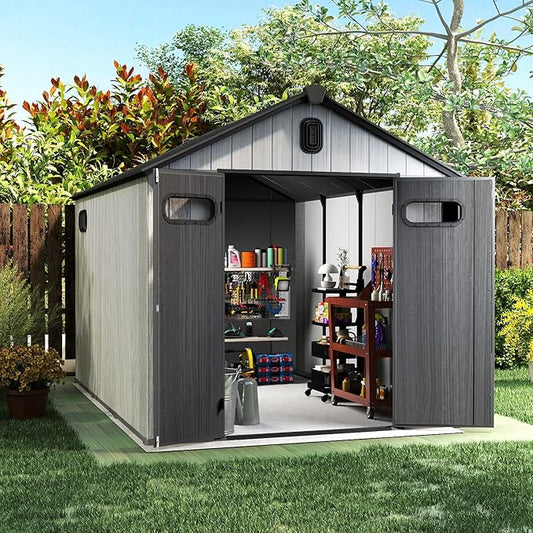 Domi 8×10ft Outdoor Resin Storage Shed - 482+ Cubic Ft Weatherproof Double-Wall Yard Shed with Skylight, Lockable Door and Carpet, Heavy-Duty Steel Frame Storage Building for Lawn Mower, Bike, Tools
