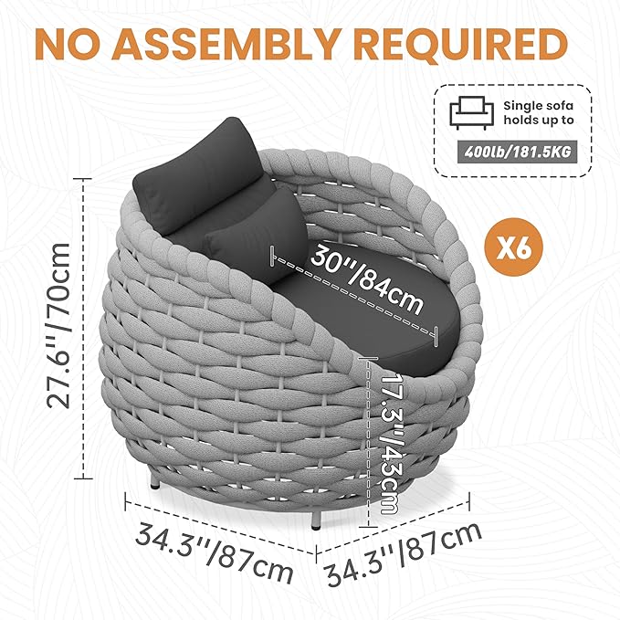 6 PCS Deck Furniture Accent Chair: Aluminum Woven Rope Chair - Outdoor Lounge Armchair Cushioned - Modern Patio Seating Assembled - All Weather for 400lbs Porch Lanai Balcony Yard Garden Hotel
