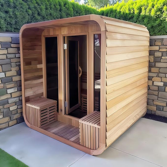 Square Outdoor Sauna, Canadian Hemlock Sauna 4 Person, 240V 6KW ETL Harvia Heater, Porch,Waterproof System, Large Glass Windows, Wood Tiles, Double Reinforcement-Fast Delivery(0-195 °F)