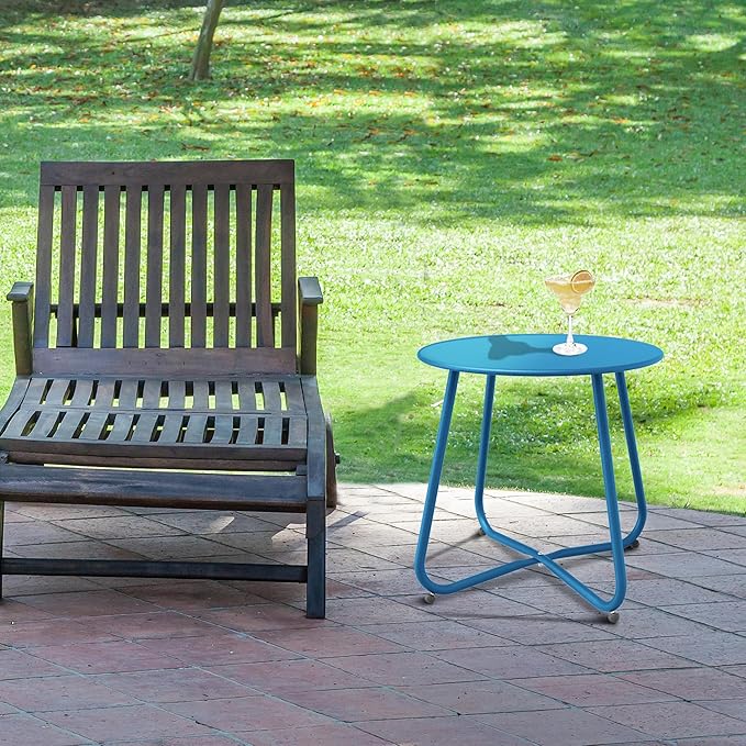 Patio Side Table, Round Metal Steel Weather Resistant Portable Patio Table， Outdoor and Indoor Patio Small Table for Garden Balcony Yard, Peacock Blue