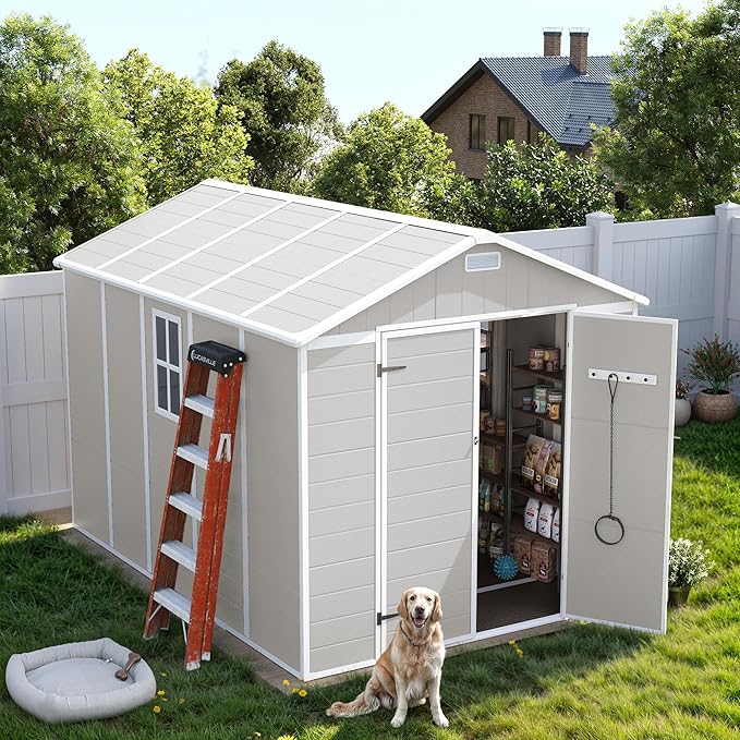 DPATIO Resin Storage Shed 8 x 10 FT, Outdoor Garden Sheds with Floor Plastic Patio Outdoor Storage with Lockable Door for Bike, Garbage Sandstone