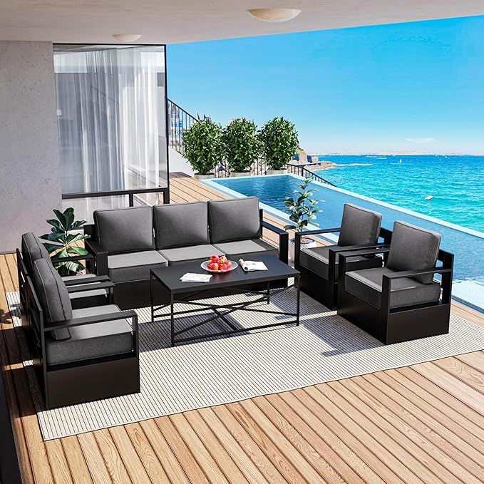 Outdoor Patio Furniture Set, 6-Piece Aluminum Patio Conversation Set All-Weather Metal Outdoor Sectional with 6 Inch Thick Cushions, Deep Setting for Garden, Outside and Porch