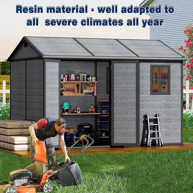 10x8 FT Resin Outdoor Storage Shed with Floor, Weather-Resistant Plastic Garden Shed with Windows, Lockable Door and Vents, Outside Tool Storage Sheds for Backyard, Garden, Lawn, Wood Grain