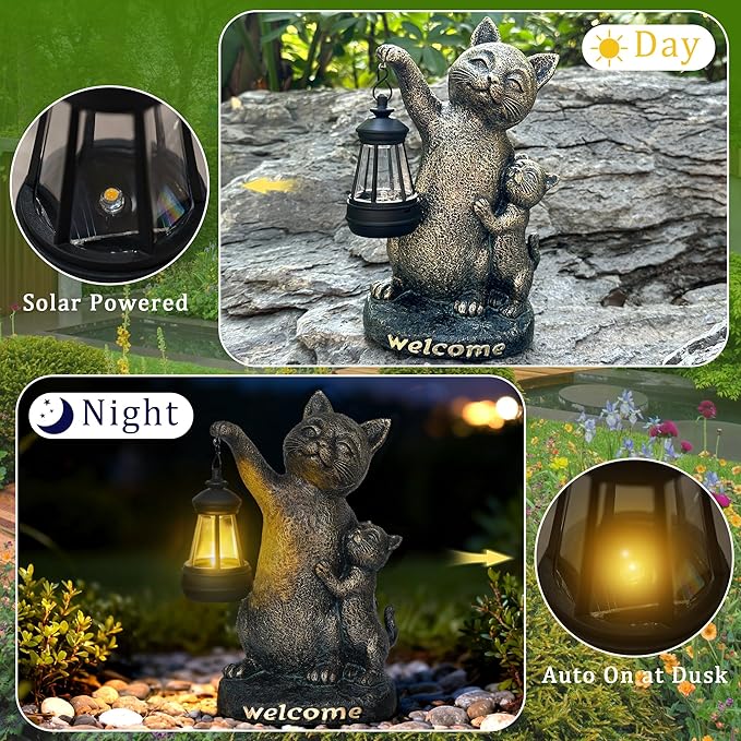 Cat Garden Decor Outdoor Statue - Cute Cats Figurine Ornaments with Solar Lights,Garden Waterproof Sculptures for Yard Lawn Backyard Patio Balcony Home Decorations,Unique Gift for Mom & Cat Lovers