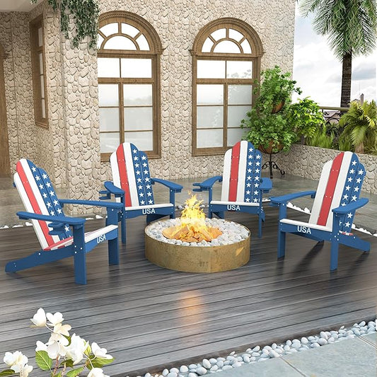 LUE BONA HDPS Adirondack Chairs Set of 4, Fire Pit Outdoor Chair Weather Resistant with Cup Holder, Modern Plastic Chair Plastic for Patio, Deck, Proch, 350LBS, Flag Blue