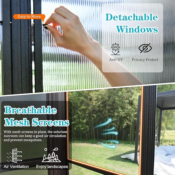 12' x 14' Patio Sun Room Kit, Outdoor Lean-to Enclosed Gazebo, Wall Mounted Solarium, All Season Sunroom Against The Wall with Removable Polycarbonate Roof/Windows, 2 Lockable Sliding Doors