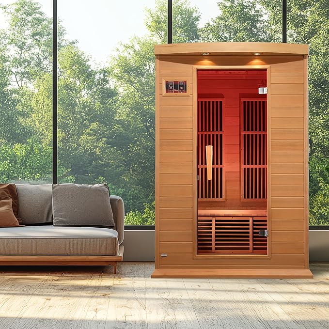 DYNAMIC SAUNAS 2-Person Low EMF FAR Infrared Sauna with Chromotherapy Lighting and Speakers, Maxxus Toulouse - Personal Indoor Dry Heat Sauna for Home & Gym – Made from Canadian Hemlock, 75"