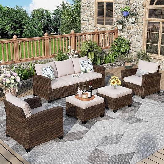 Patio Furniture Set, 5 Pcs Wicker Rattan Outdoor Conversation Set, 2 x Leg Chairs, 1 x 3 Seater Sofa and 2 x Ottoman with 4" Thick Cushion, Beige