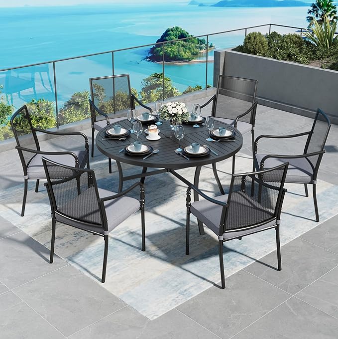 Patio Table and Chairs Set of 6, All-Weather Breathable Metal Mesh Patio Chair with Gourd-Shaped Armrests, 54x54 Round Table with Umbrella Hole, 7 Pcs Metal Frame Patio Dining Set