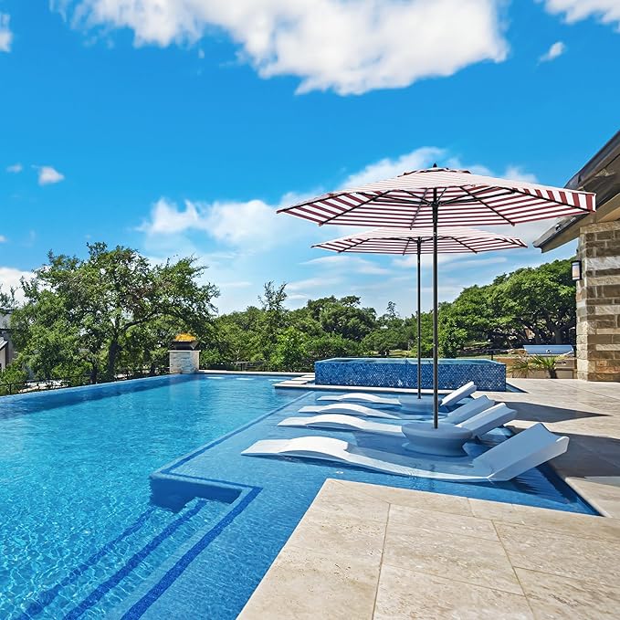 Midtown Umbrellas The Wooden 10 Feet Patio Umbrella With Terylast Red Stripes (Red/White Stripes) Polyester Fabric - Aluminum Frame Market Umbrella For Backyard, Deck, Garden, Pool - Wooden Pole