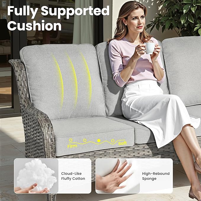 ovios 7 Pieces Patio Furniture Set, Outdoor Wicker Sofa Couch with Swivel Chairs 42" Fire Pit Table, High Back All Weather Modern Conversation Sets, Grey Rattan, Grey