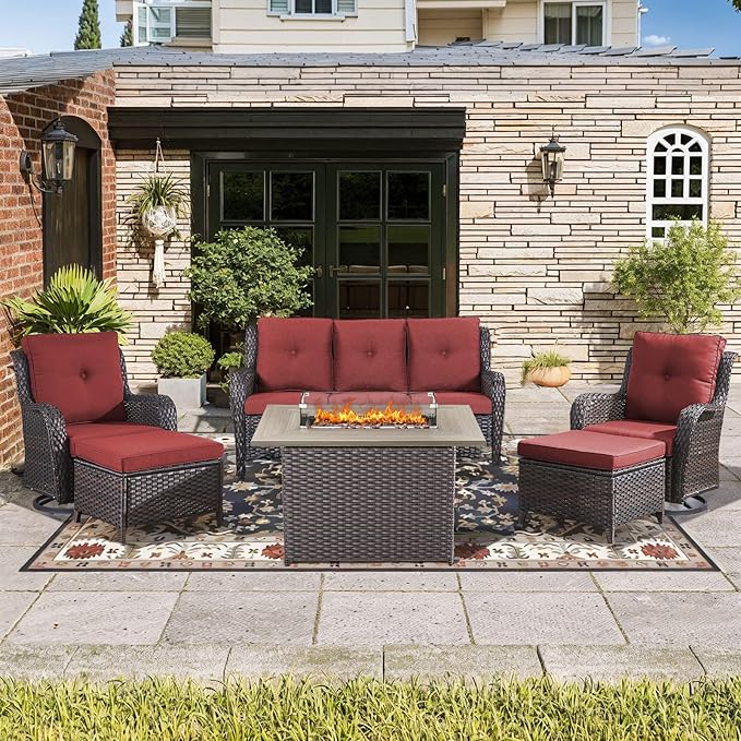 Wicker Outdoor Conversation Se with 50,000 BTU Gas Propane Fire Pit Tablet-6 Pieces Outdoor Wicker High Back Couch Patio Furniture for Deck Poolside Backyard
