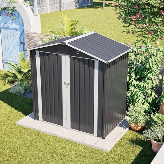 4×6 Ft Metal Outdoor Storage Shed with Floor Base, 0.25mm Galvanized Steel Metal Garden Shed Waterproof with Lockable Door for Backyard, Patio, Garden, Dark Grey