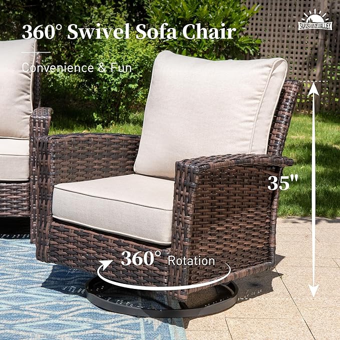 Patio Wicker Swivel Chairs Set of 2, Outdoor High Back Chairs with 5.5" Waterproof Cushions and Side Table, Outdoor Furniture Set for Deck Porch and Yard, Peacock Blue