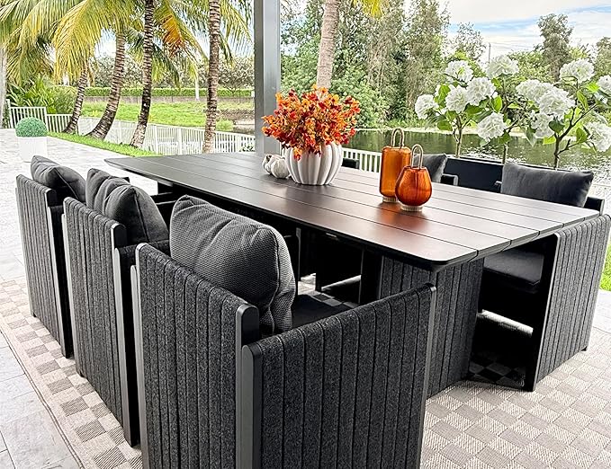 PURPLE LEAF 7 Pieces Patio Dining Set All-Weather Modern Outdoor Conversation Set Aluminum Dining Table and Chairs with Olefin Cushions Pillows for Garden Backyard Kitchen Grey