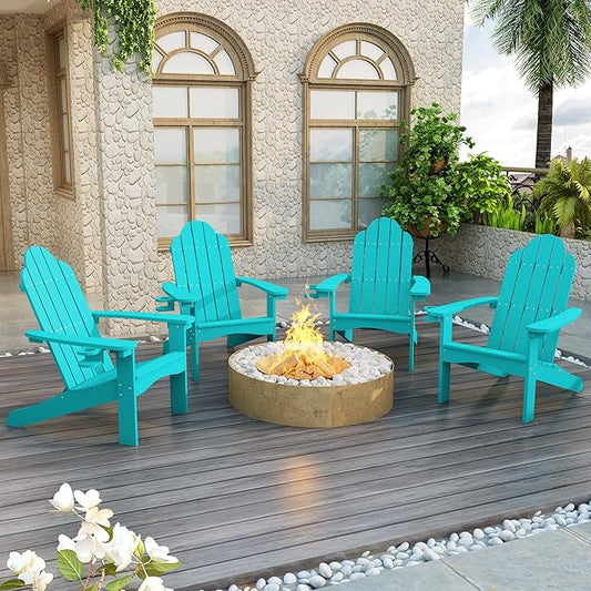 LUE BONA HDPS Adirondack Chairs Set of 4, Fire Pit Outdoor Chair Weather Resistant with Cup Holder, Modern Plastic Chair Plastic for Patio, Deck, Proch, 350LBS, Aruba Blue