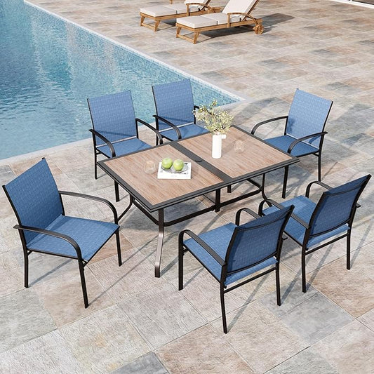 7 Pieces Patio Table and Chairs Set, Outdoor Dining Furniture Set for 6, 6 Blue Textilene Chairs and 61" Wood-Like Table Top with Umbrella Hole, for Deck Backyard Lawn