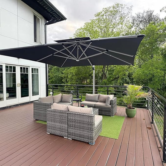 PURPLE LEAF 10' X 13' Solar Powered LED Patio Large Umbrella Offset Double Top Hanging Umbrella Outdoor Market Umbrella for Garden, Slate Gray