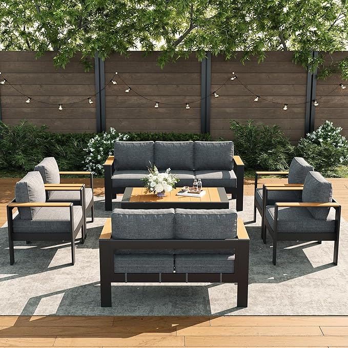 LayinSun 7 Piece Aluminum Outdoor Furniture Set with Coffee Table, Outside Patio Deep Seating Conversation Set with Upgraded Washable Thick Cushion