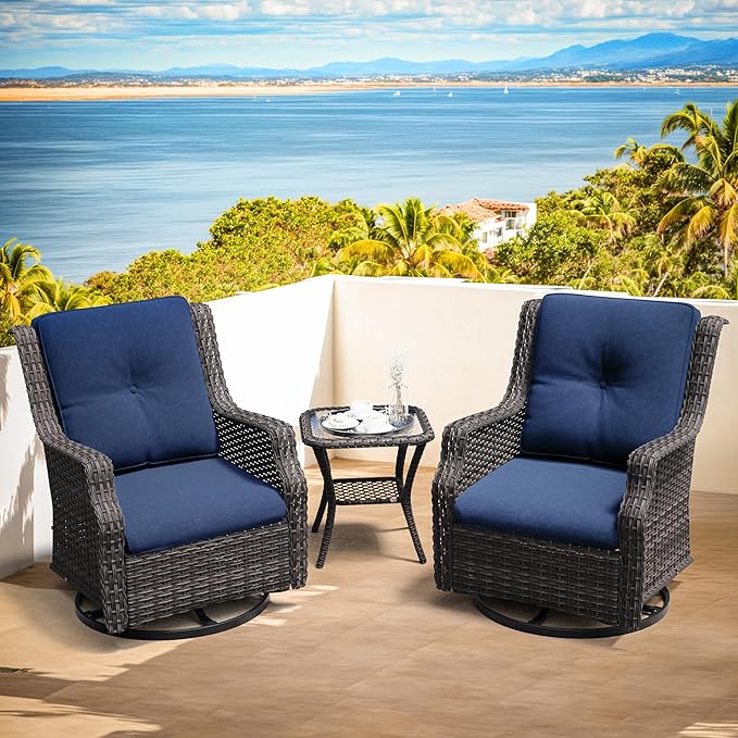 Patio Bistro Set 3 Pieces - Outdoor Swivel Rocker Patio Chair Set of 2 with Matching Tempered Glass Side Table, Cushion Included(Mixed Grey/Blue)