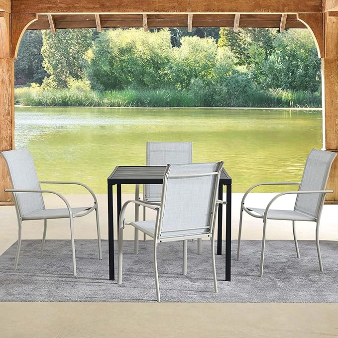 5 Pieces Round Dining Table Set for 4, Patio Dining Set Includes 4 Beige Blue Stackable Patio Chairs and Black Square Table, Patio Furniture Sets with Sling Support for Outside, Garden