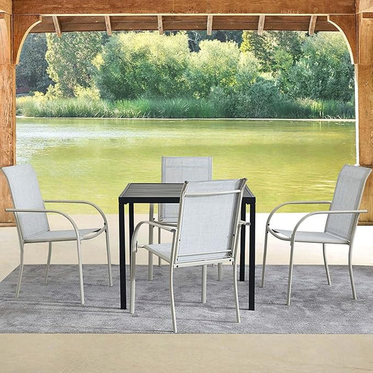 5 Pieces Round Dining Table Set for 4, Patio Dining Set Includes 4 Beige Blue Stackable Patio Chairs and Black Square Table, Patio Furniture Sets with Sling Support for Outside, Garden