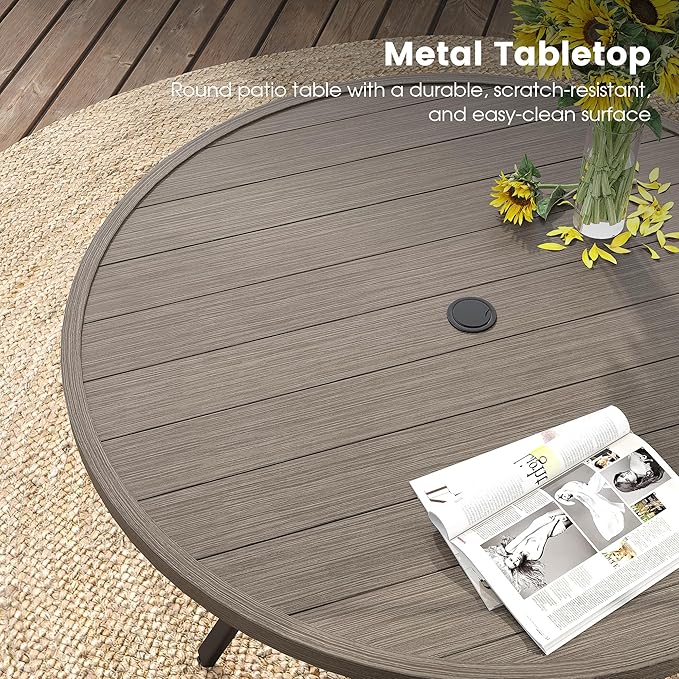 DIFY 7 Pieces Outdoor Patio Dining Set, 6 Sandshell Textilene Swivel Dining Chairs and 47.2" Grey Wood-Like Round Dining Table, Metal Outdoor Table and Chairs