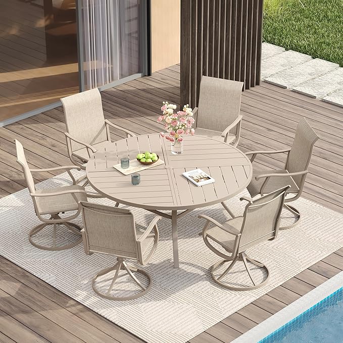 VICLLAX 7 Pieces Patio Dining Set for 6, Outdoor Furniture Set Includes 47.2" Outdoor Round Table and 6 Patio Swivel Chairs for Lawn Garden, Sandshell Color Tabletop and Fabric