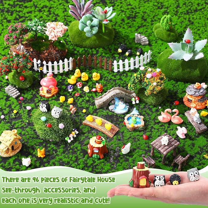 116 Pcs Fairy House Accessories Kit Miniature Garden Accessories Terrarium Decoration Mini Diorama Figurines Miniature Landscape Trees Simulated Succulents for DIY Garden Doll House Craft