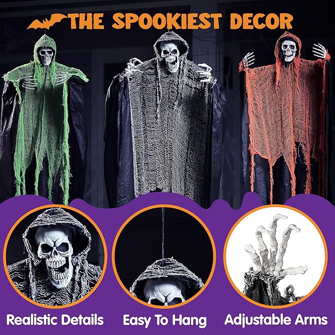 JOYIN 3 Pcs Halloween Hanging Grim Reapers, one 63” Two 47” Grim Reapers, Halloween Skeleton Outdoor Decoration Flying Ghost for Haunted Haunted House Prop, Party Supplies Decor
