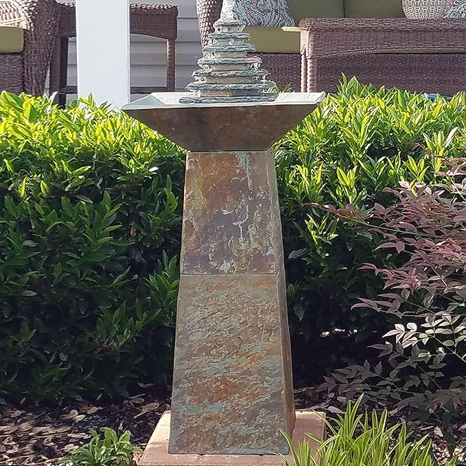 Sunnydaze 40-Inch Slate Outdoor Water Fountain - Layered Pyramid Outdoor Water Feature with LED Lights for Patio, Deck, Garden