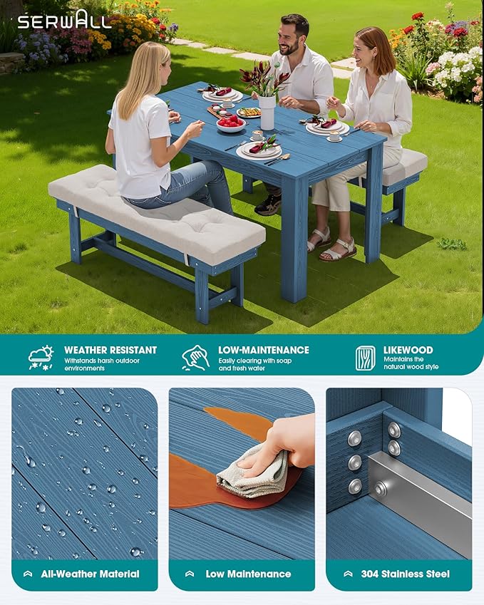 SERWALL Patio Dining Set for 4, Outdoor Dining Sets for 4 Person with 1 Umbrella Hole Cut-Out Rectangular Table and and 2 Benches, HDPE Dining Sets for Garden, Backyard, Poolside, Blue