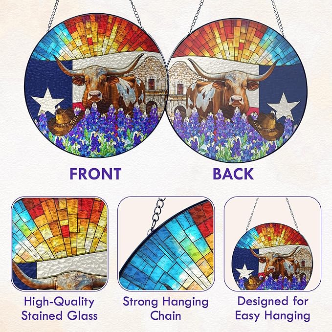 FLAGWIX Christmas Texas Gifts for Women Men - Stained Glass Window Hanging 8in - Sun Catchers Indoor Window for Garden Decor, Texas Themed Gifts for Mom Dad Friend, House Warming Gift for Wife Husband