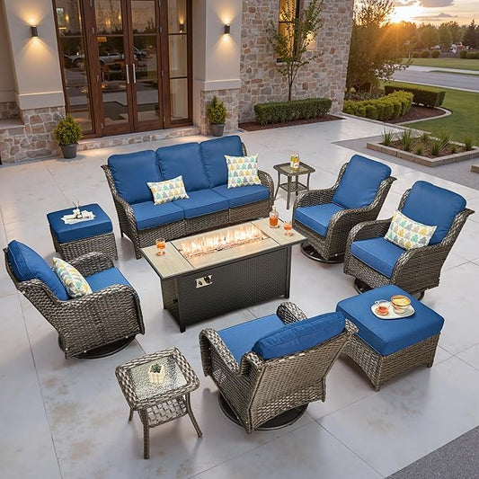 ovios 10 Pieces Patio Furniture Set, Outdoor Wicker Sofa Couch with Swivel Chairs 54" Fire Pit Table, High Back All Weather Modern Conversation Sets, Brown Rattan, Navy Blue