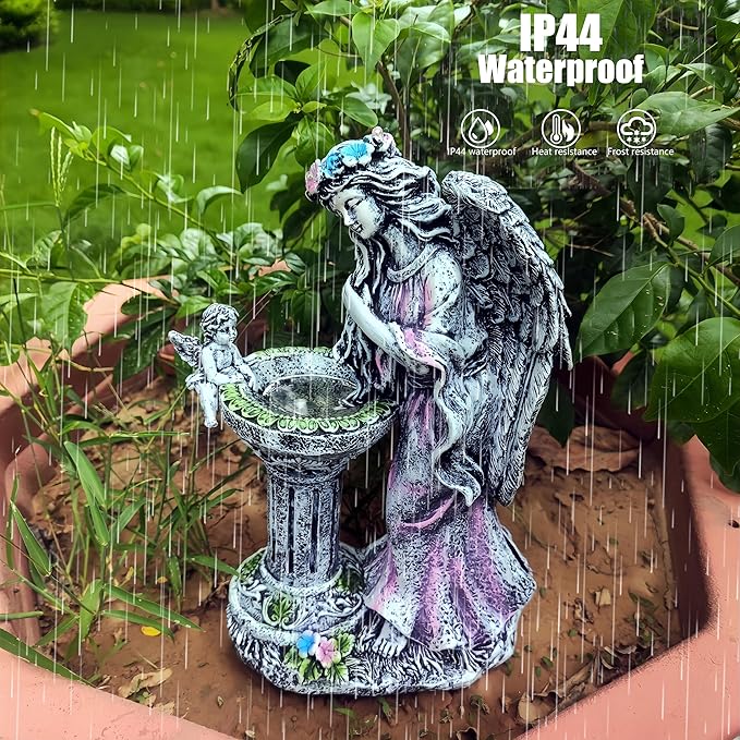 Solar Angel Figurine Lights Outdoor Waterproof Garden Statue with Color Changing Birdbath Fountain, Fairy Garden Decor for Outside Yard Patio Porch, Housewarming Gifts for Thanksgiving Christmas