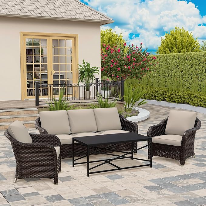 Vista Vibe 4 Pieces Outdoor Patio Conversation Furniture Set - 78" 3-Seat Couch | 2 Chairs | Metal Coffee Table, Rattan Wicker Loveseat Sofa with Washable Cushions, Garden, Deck, Terrace (Beige)
